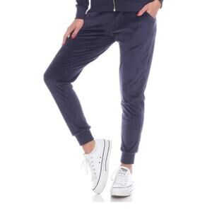 White Mark Women's Plus Size Jogger Sweatpants in Navy Blue Velour